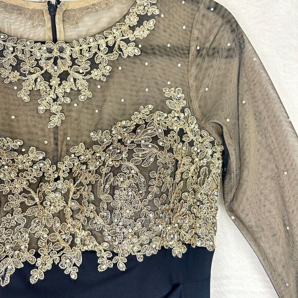 Xscape Noah Illusion Long Sleeve Lace Matte Jersey Gown Ruched Size 6 Navy Gold - Picture 8 of 16